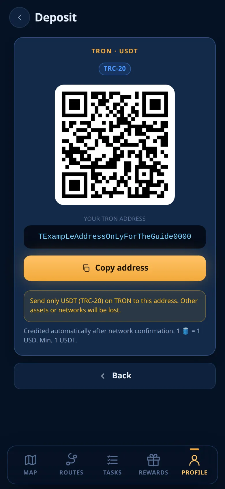 The address card with the QR code and the warning