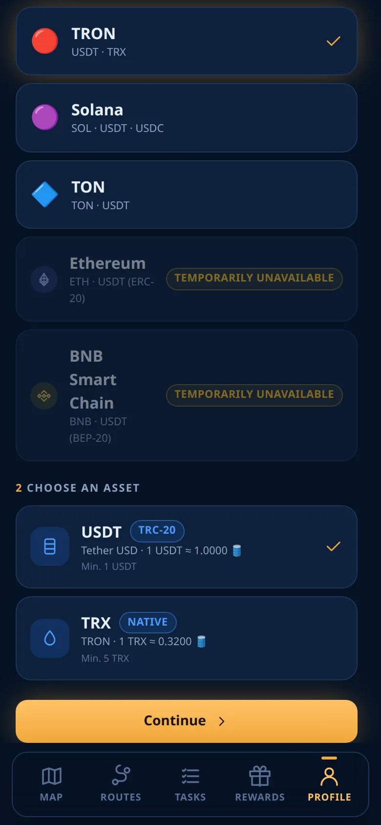 The Deposit screen: choosing a network and an asset