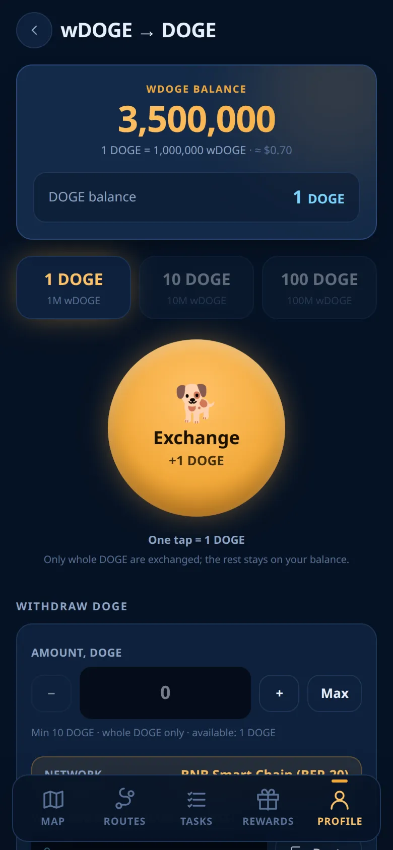 The wDOGE → DOGE screen
