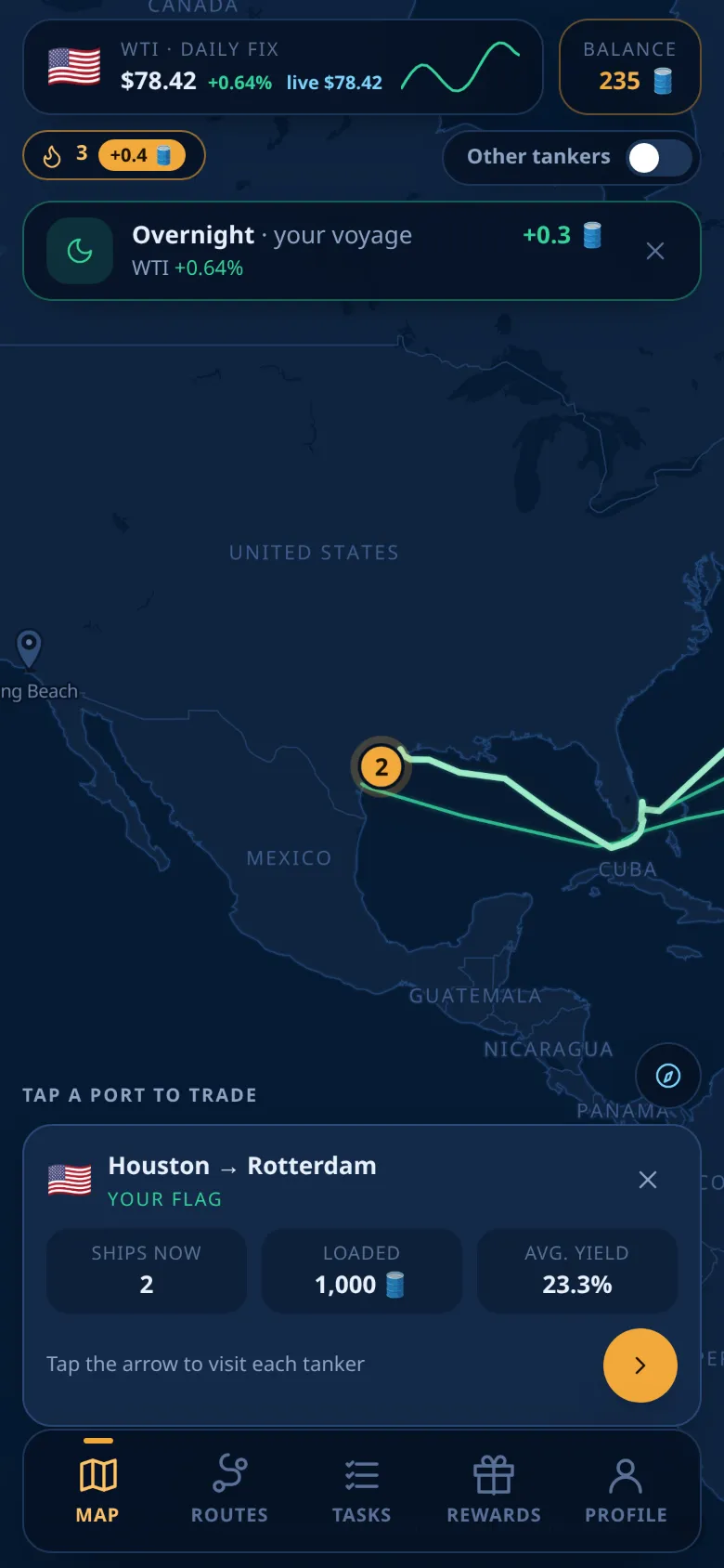 A route card with the ships, the cargo and the average yield