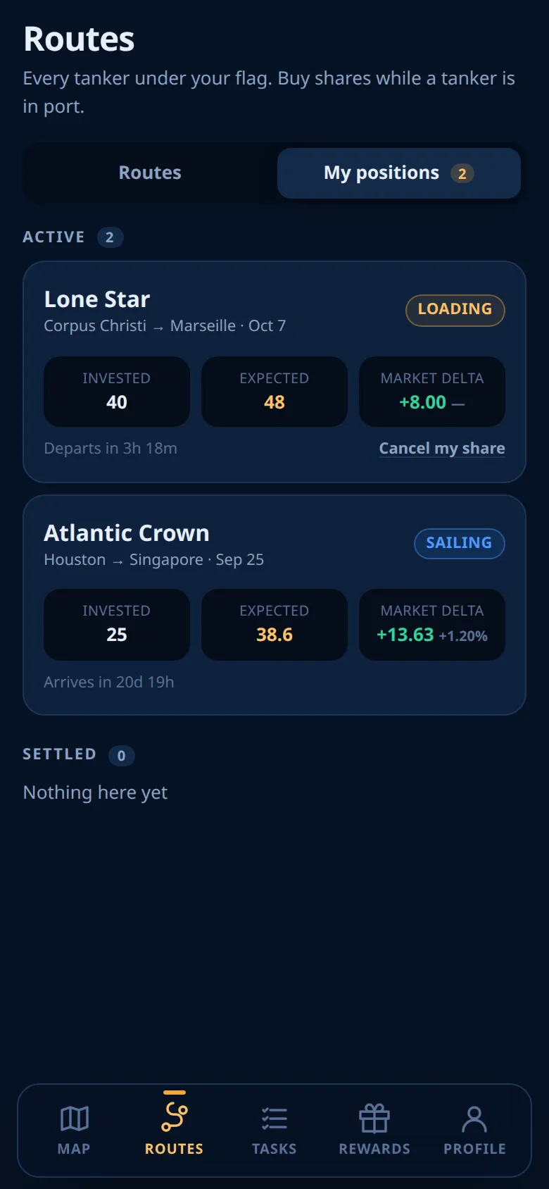 My positions with active and settled shares