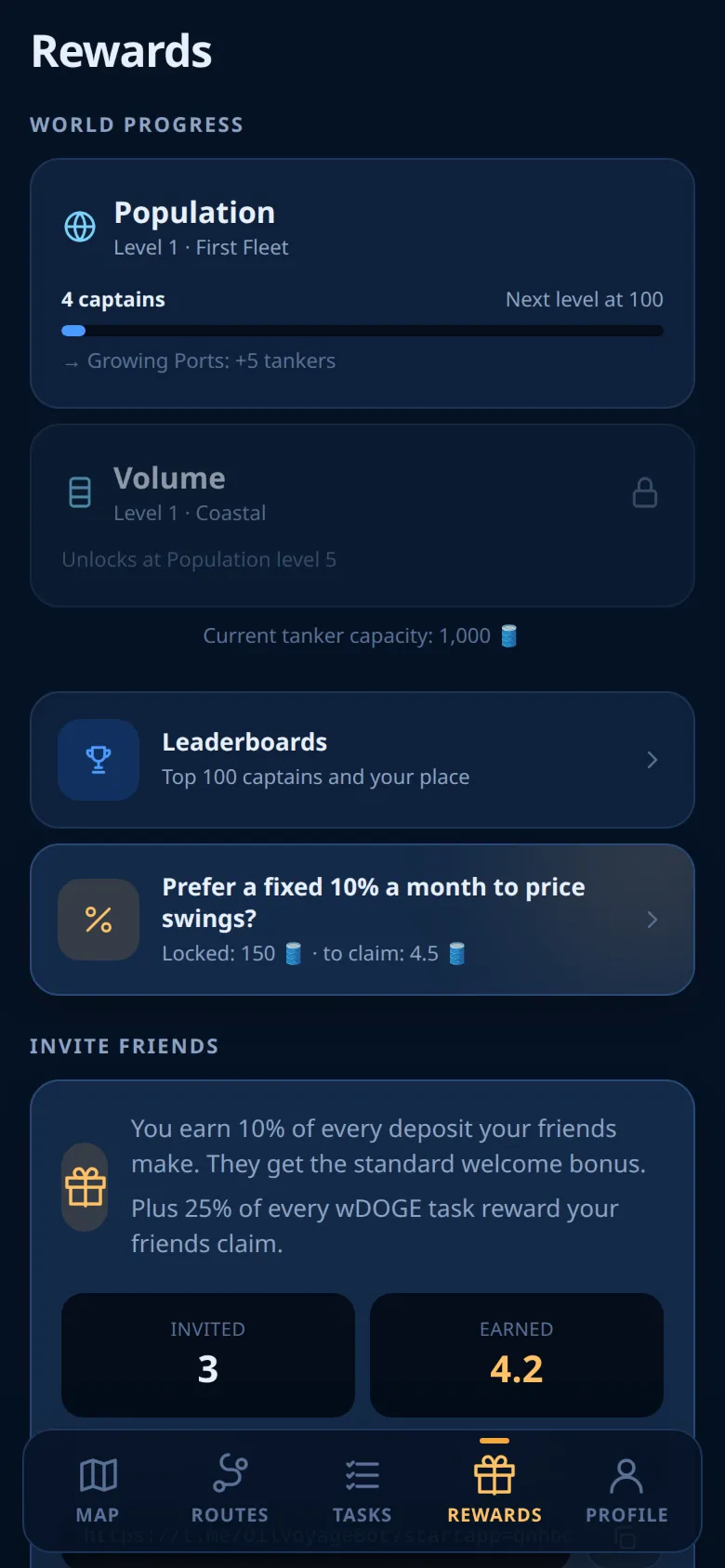 The Rewards tab with world progress and the invite block