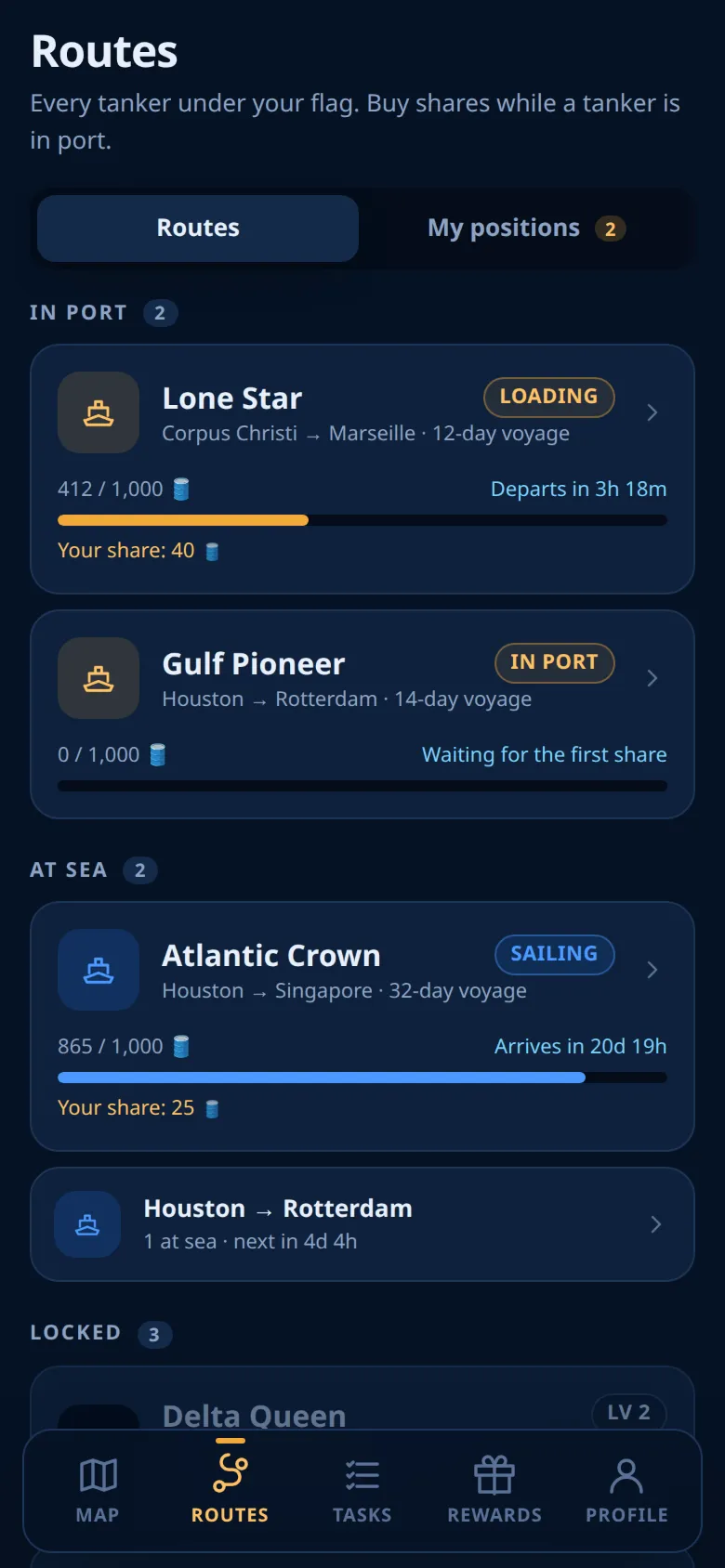 The Routes tab with tankers in port and at sea