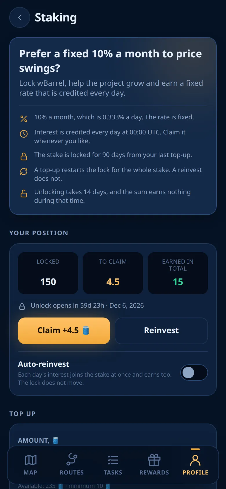 The Staking screen with a position