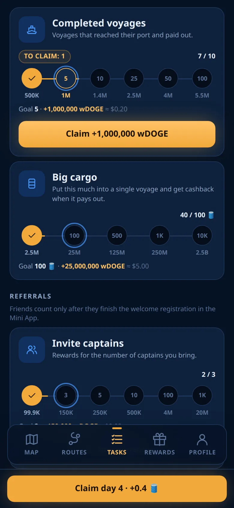 The Tasks tab with tiers and a reward to claim