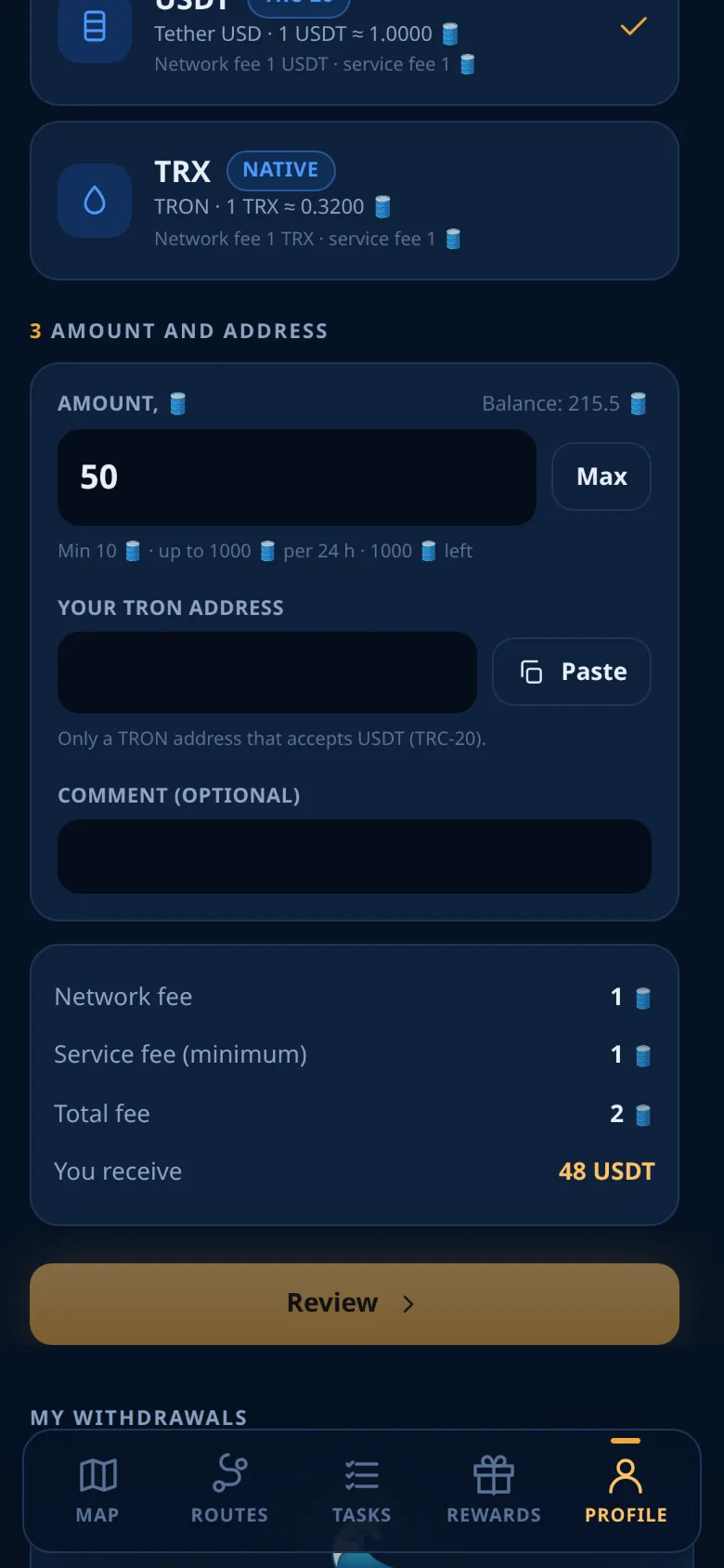 The withdrawal form