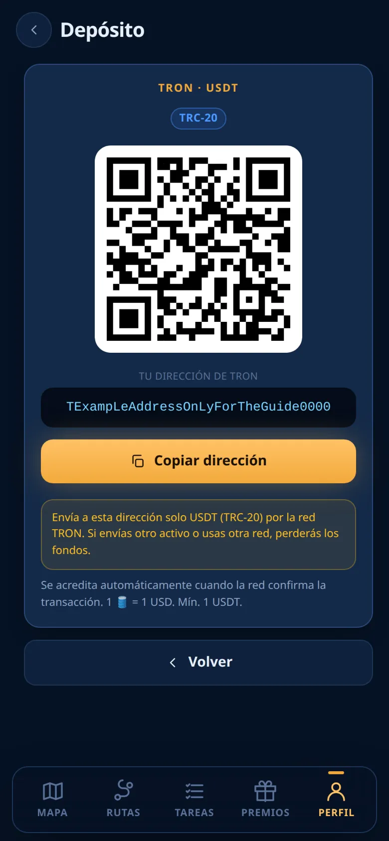 La tarjeta de la dirección con el código QR y la advertencia