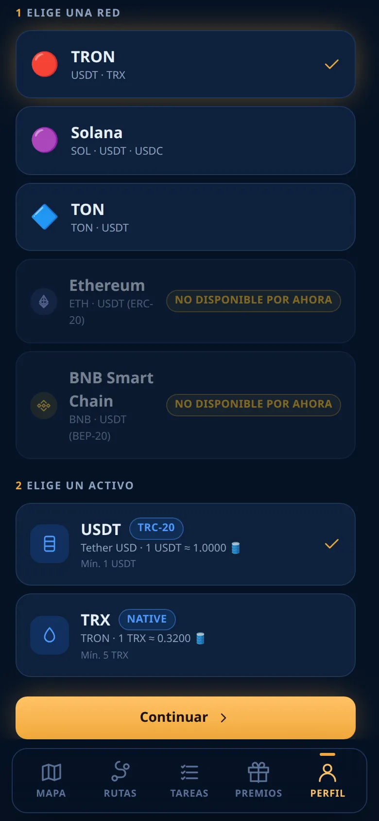 La pantalla Depósito: elegir una red y un activo