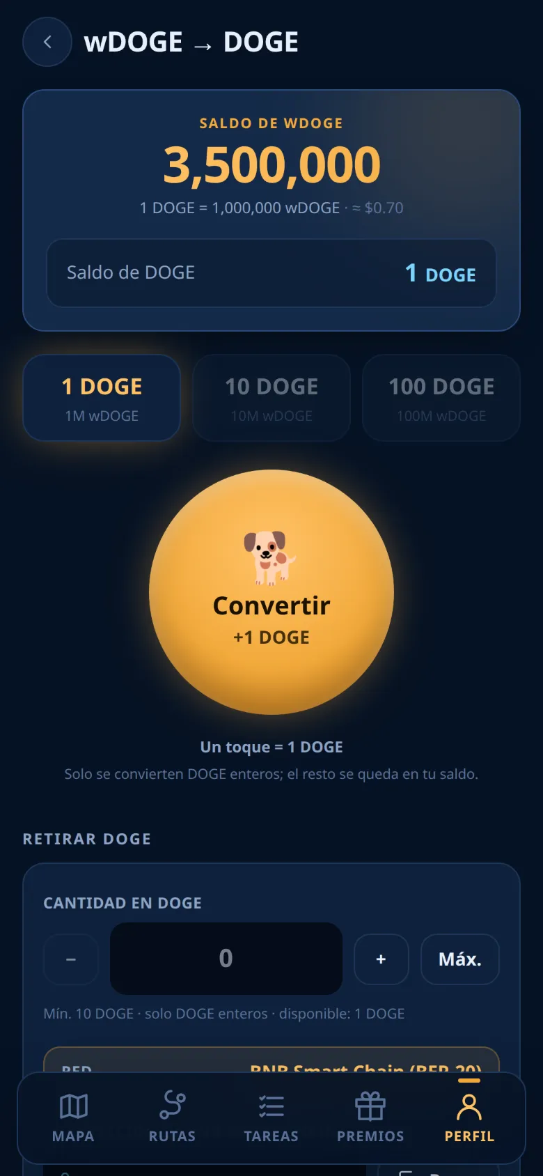 La pantalla wDOGE → DOGE