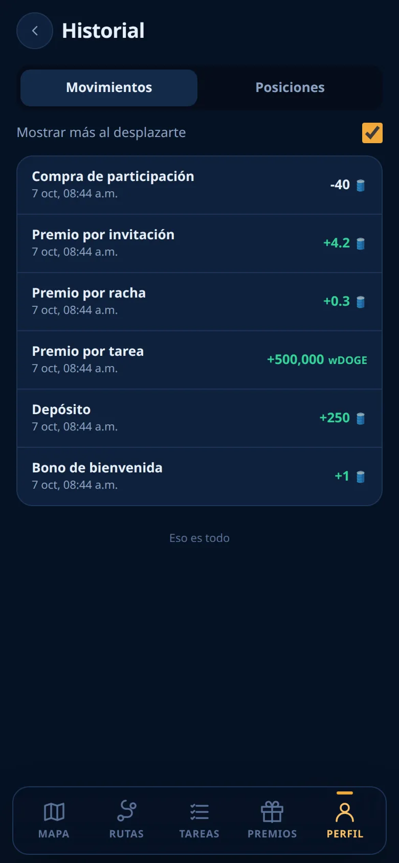 Perfil → Historial