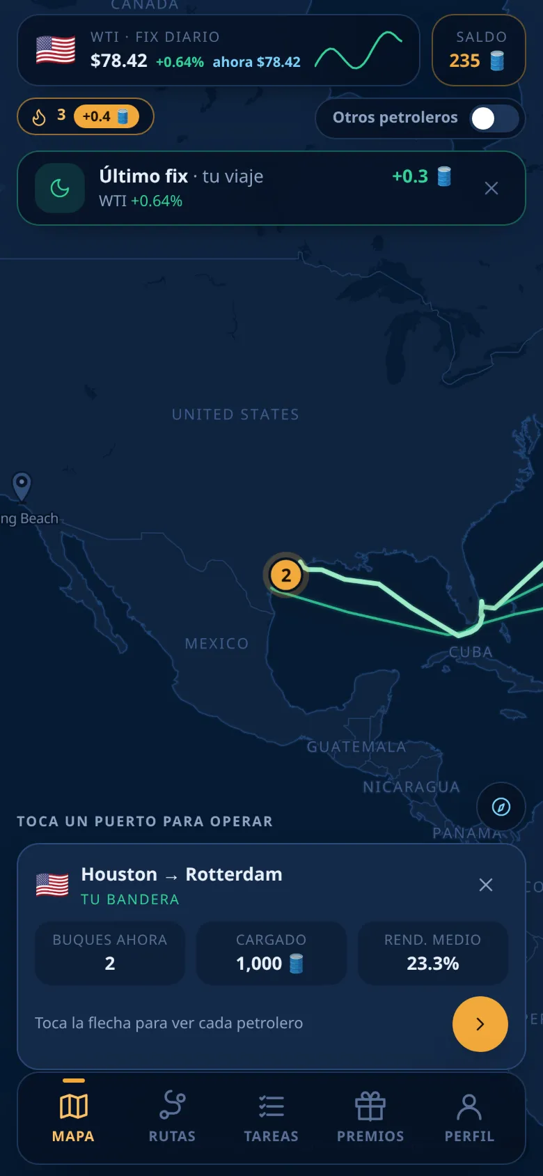 La tarjeta de una ruta con los barcos, la carga y el rendimiento medio