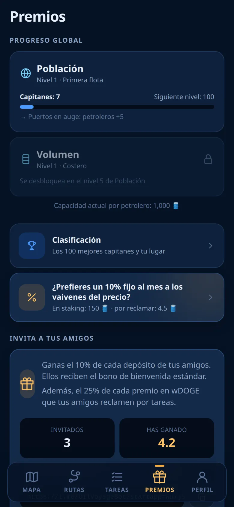 La pestaña Premios con el progreso global y el bloque de invitaciones