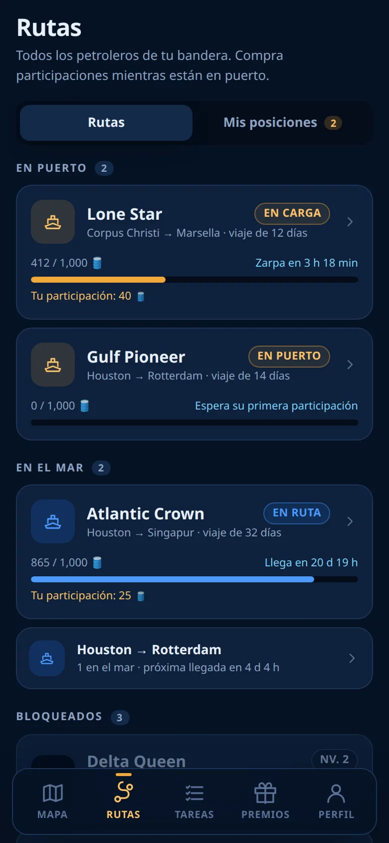 La pestaña Rutas con petroleros en puerto y en el mar