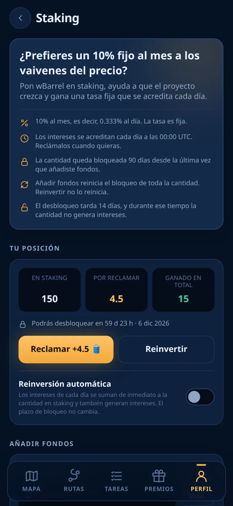 La pantalla Staking con una posición