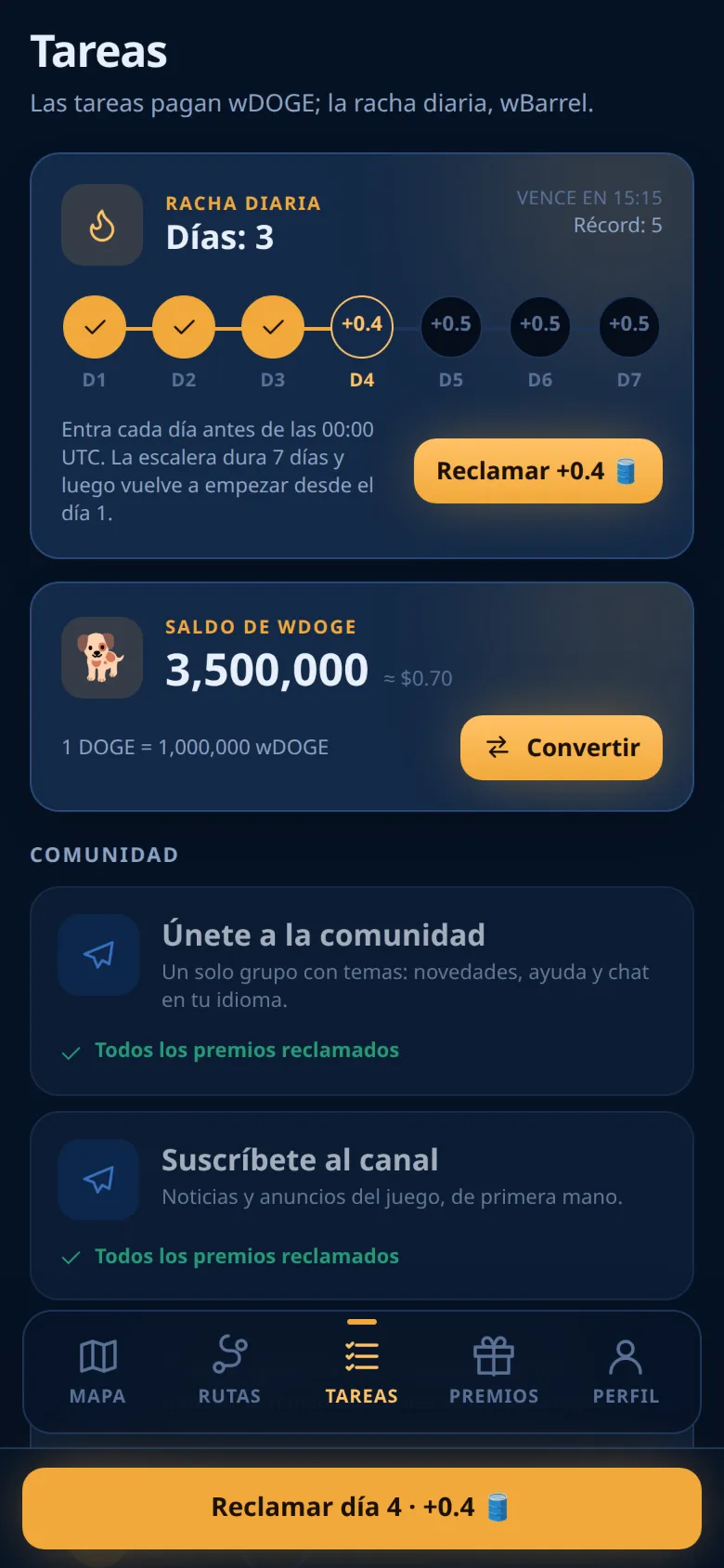 La tarjeta de la racha diaria en la parte superior de la pestaña Tareas