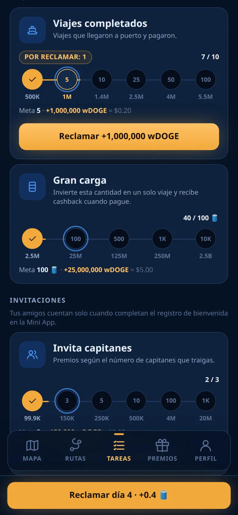 La pestaña Tareas con niveles y un premio por reclamar
