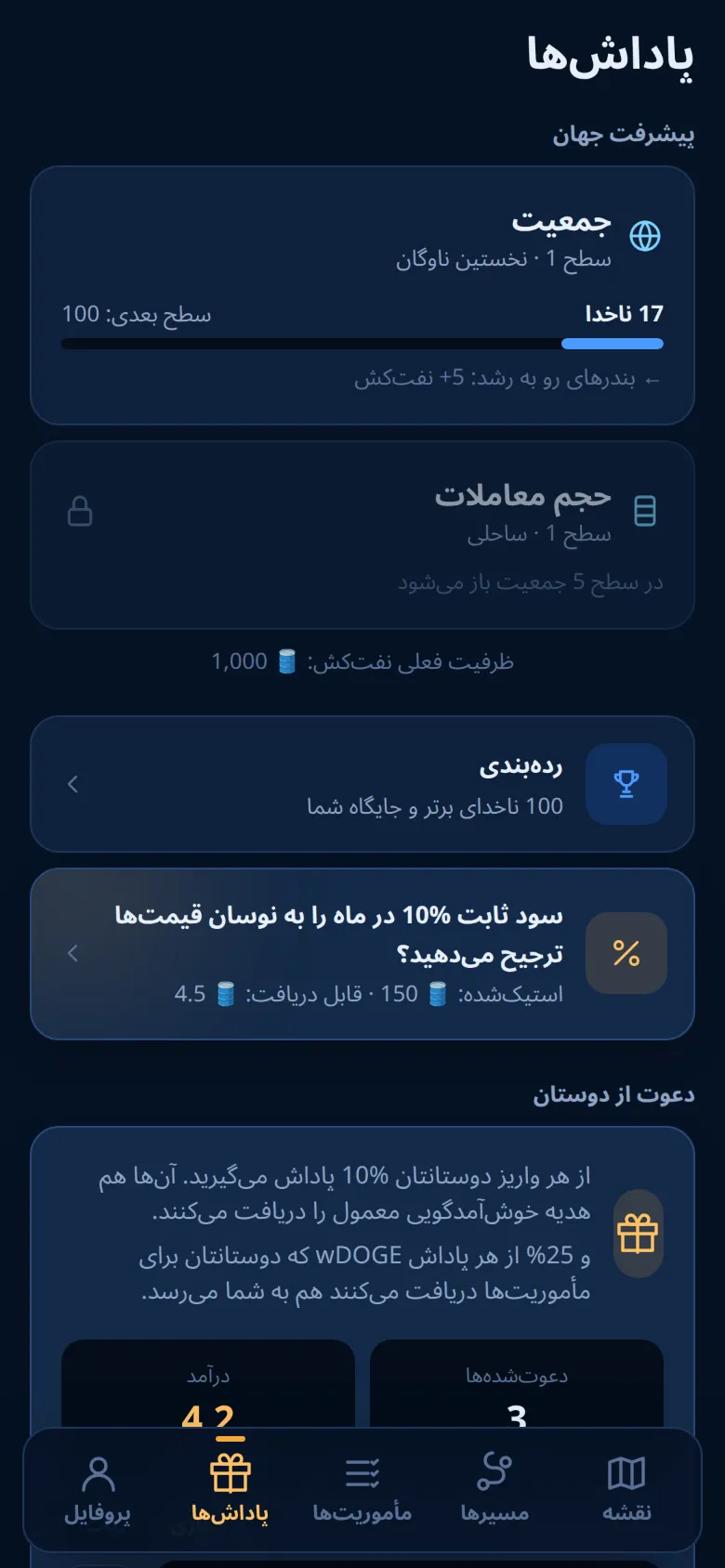 زبانه پاداشها با پیشرفت جهان و بخش دعوت