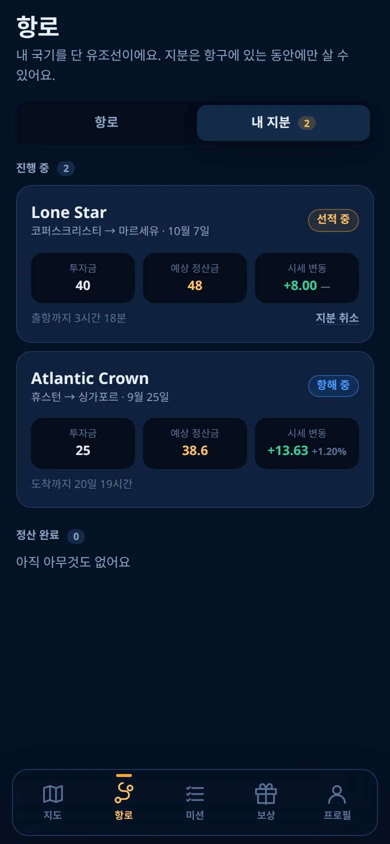 진행 중인 지분과 정산 완료된 지분이 보이는 내 지분 탭