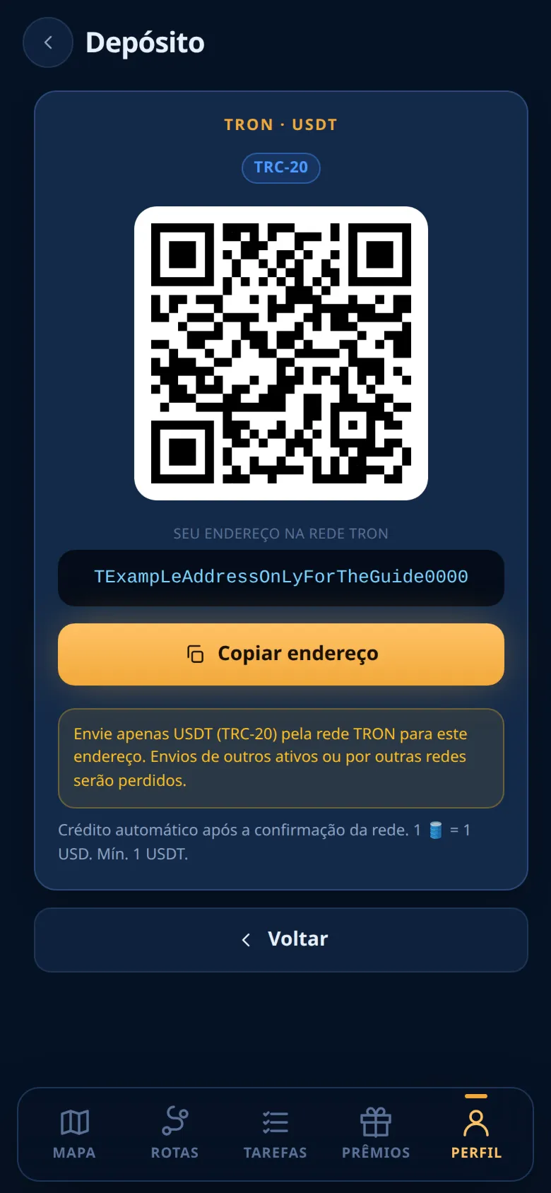 O cartão do endereço com o QR code e o aviso