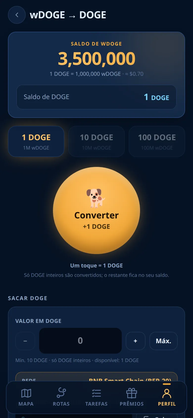 A tela wDOGE → DOGE