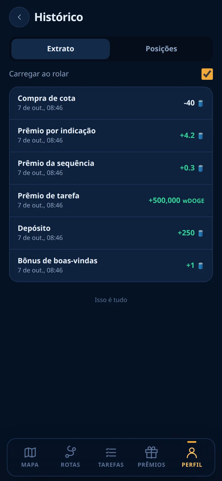 Perfil → Histórico