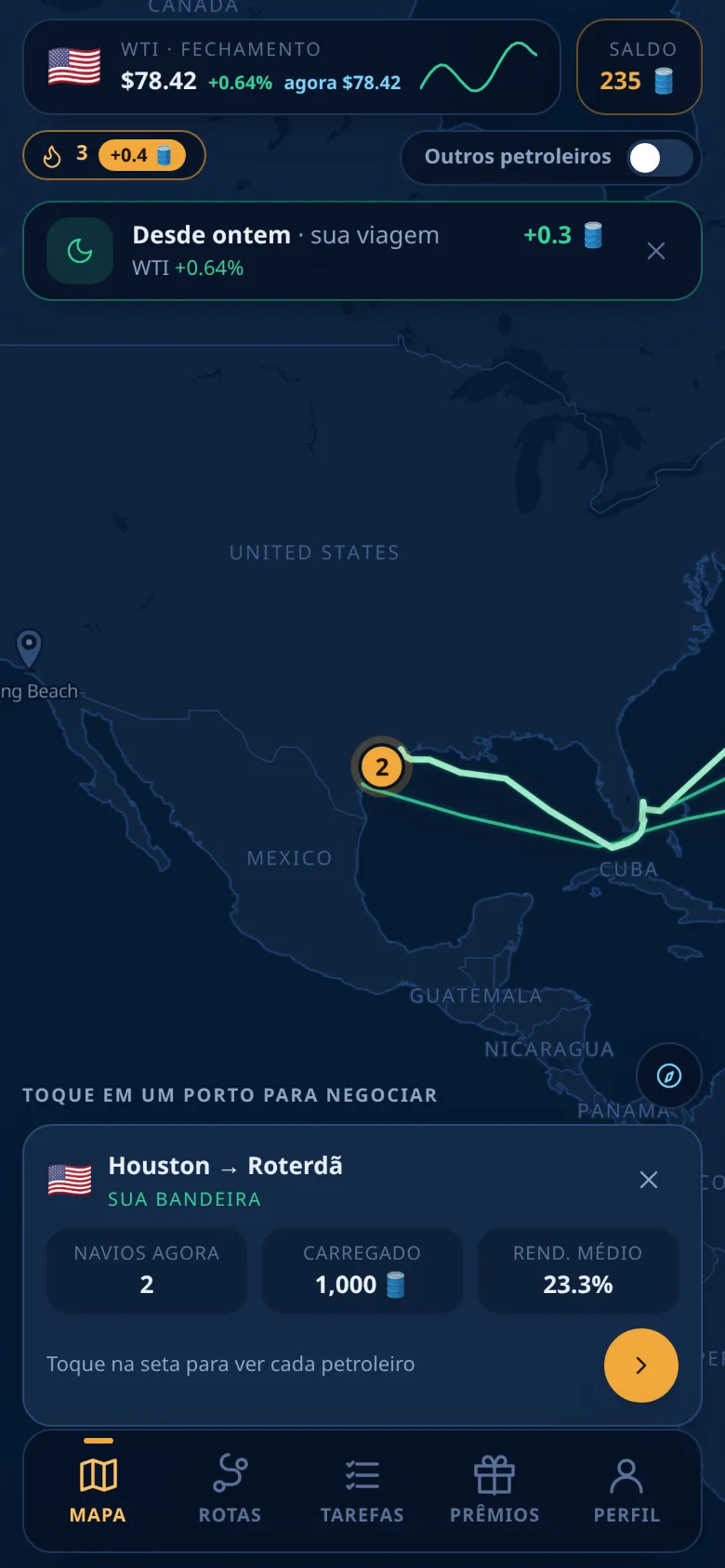 Um cartão de rota com os navios, a carga e o rendimento médio