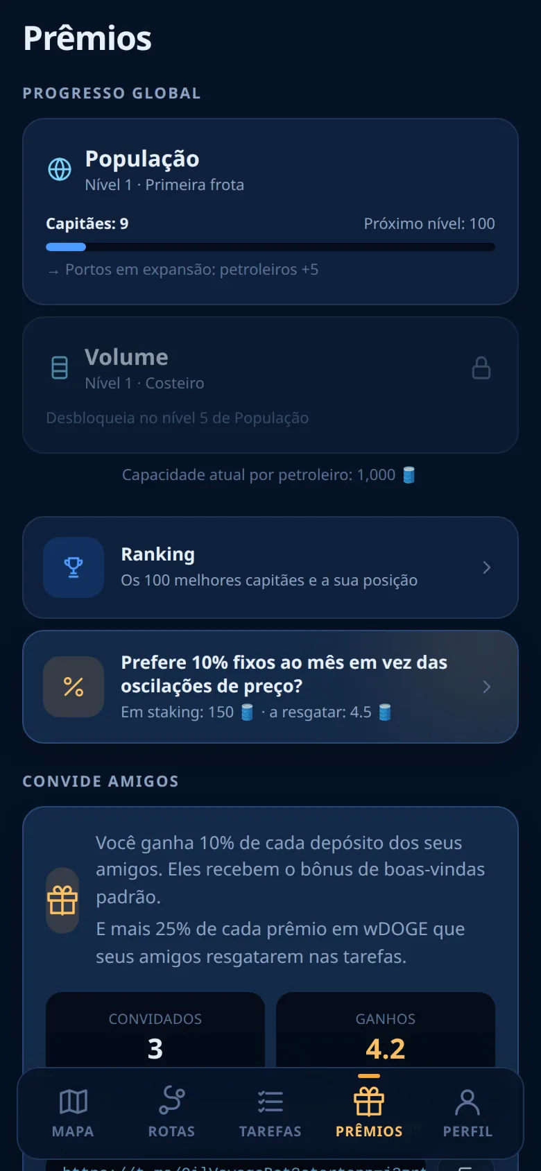 A aba Prêmios com o progresso global e o bloco de convites
