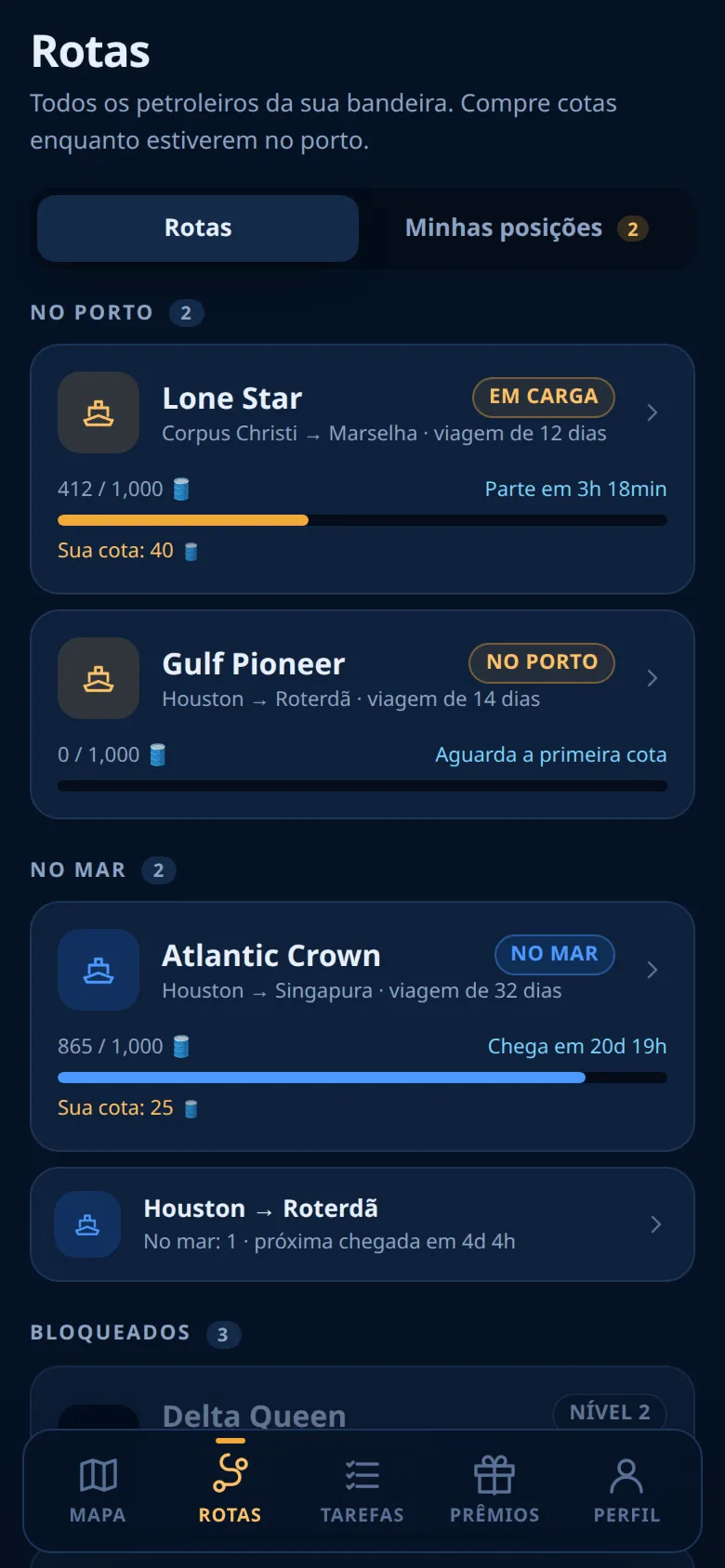 A aba Rotas com petroleiros no porto e no mar