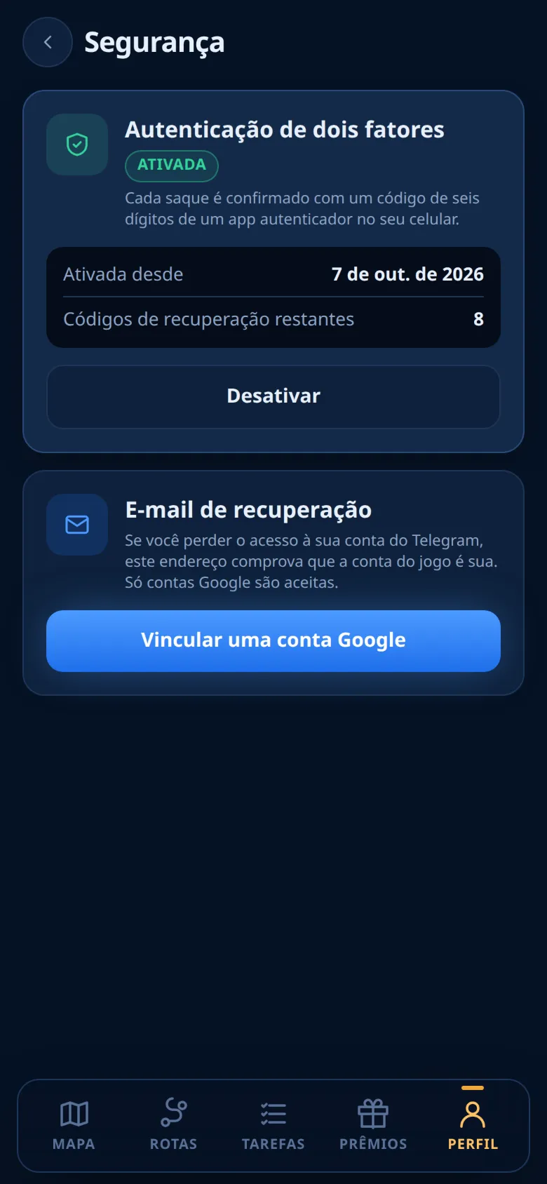 A tela Segurança
