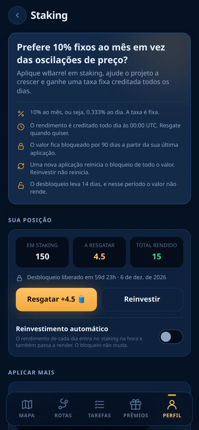 A tela de staking com uma posição