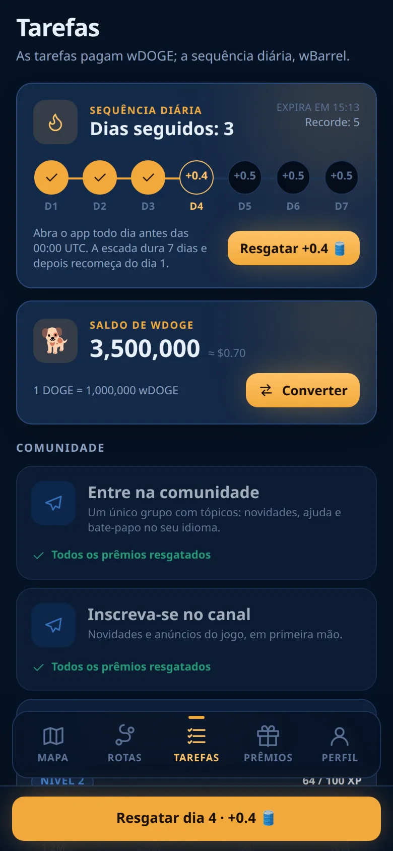 O cartão da sequência diária no topo da aba Tarefas