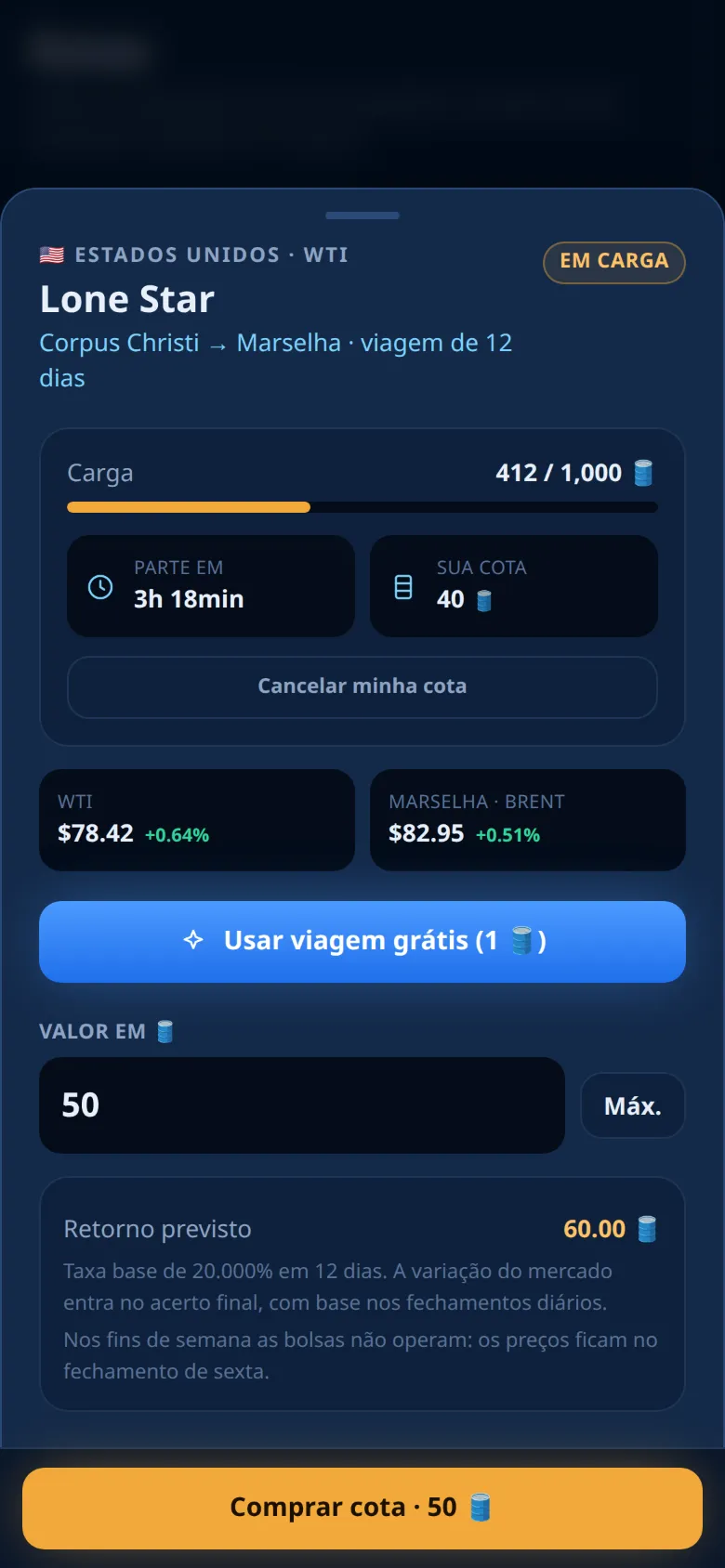 A ficha de um petroleiro com o formulário de compra