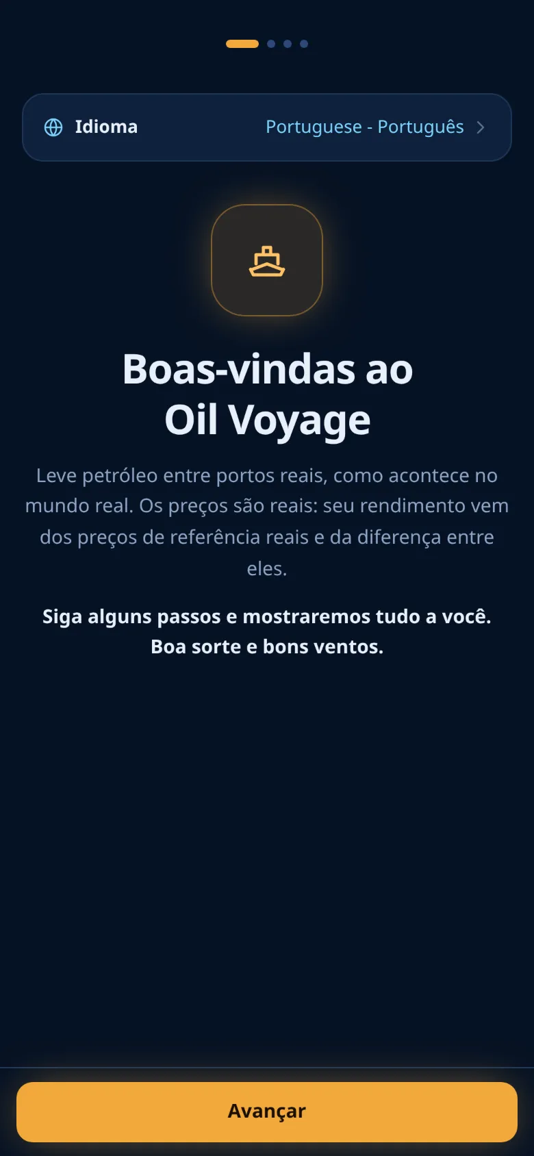 O primeiro passo do cadastro: o idioma e o texto de boas-vindas