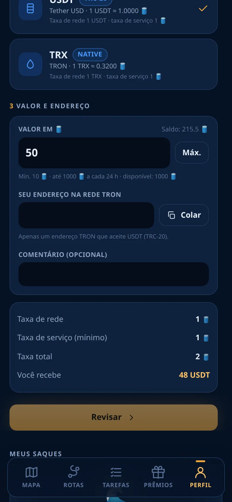 O formulário de saque