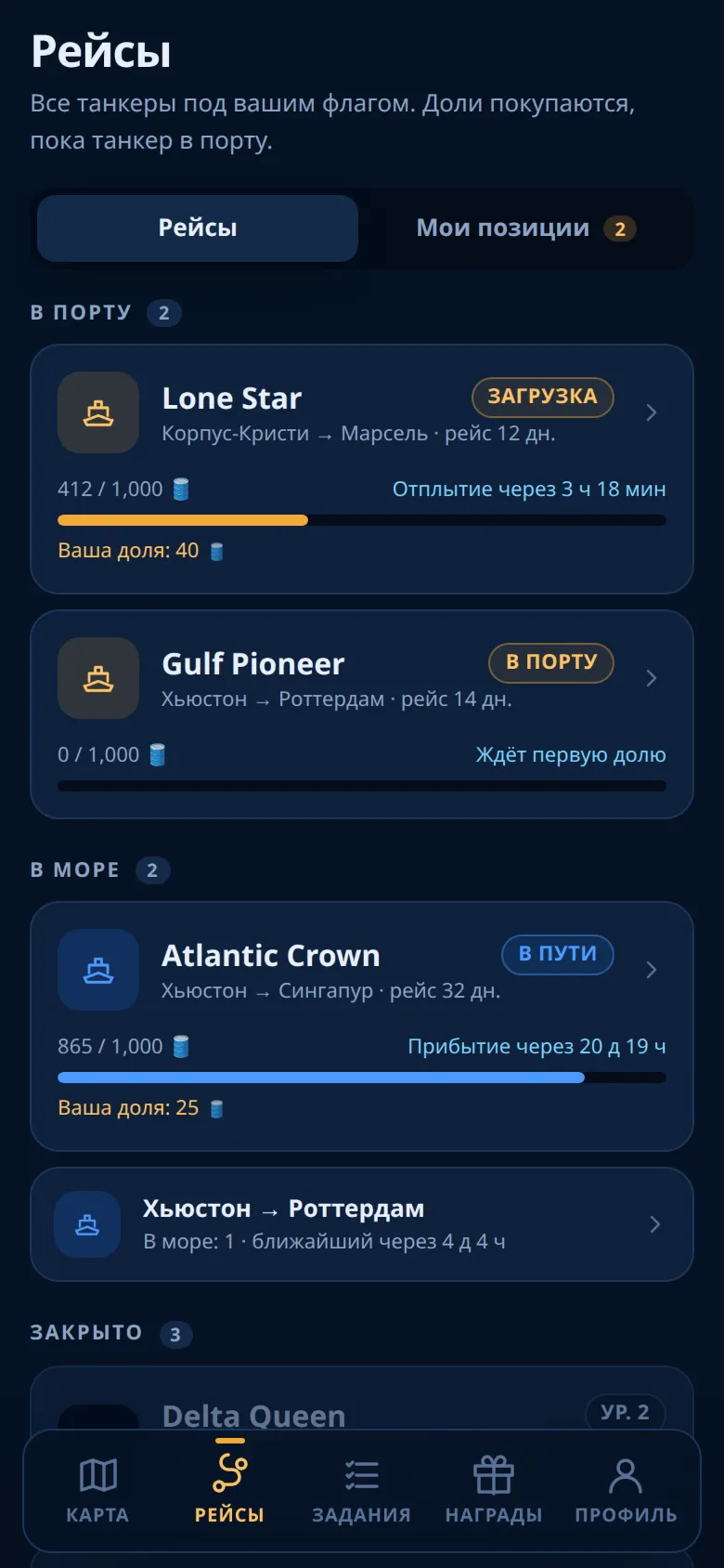 Вкладка «Рейсы» с танкерами в порту и в море