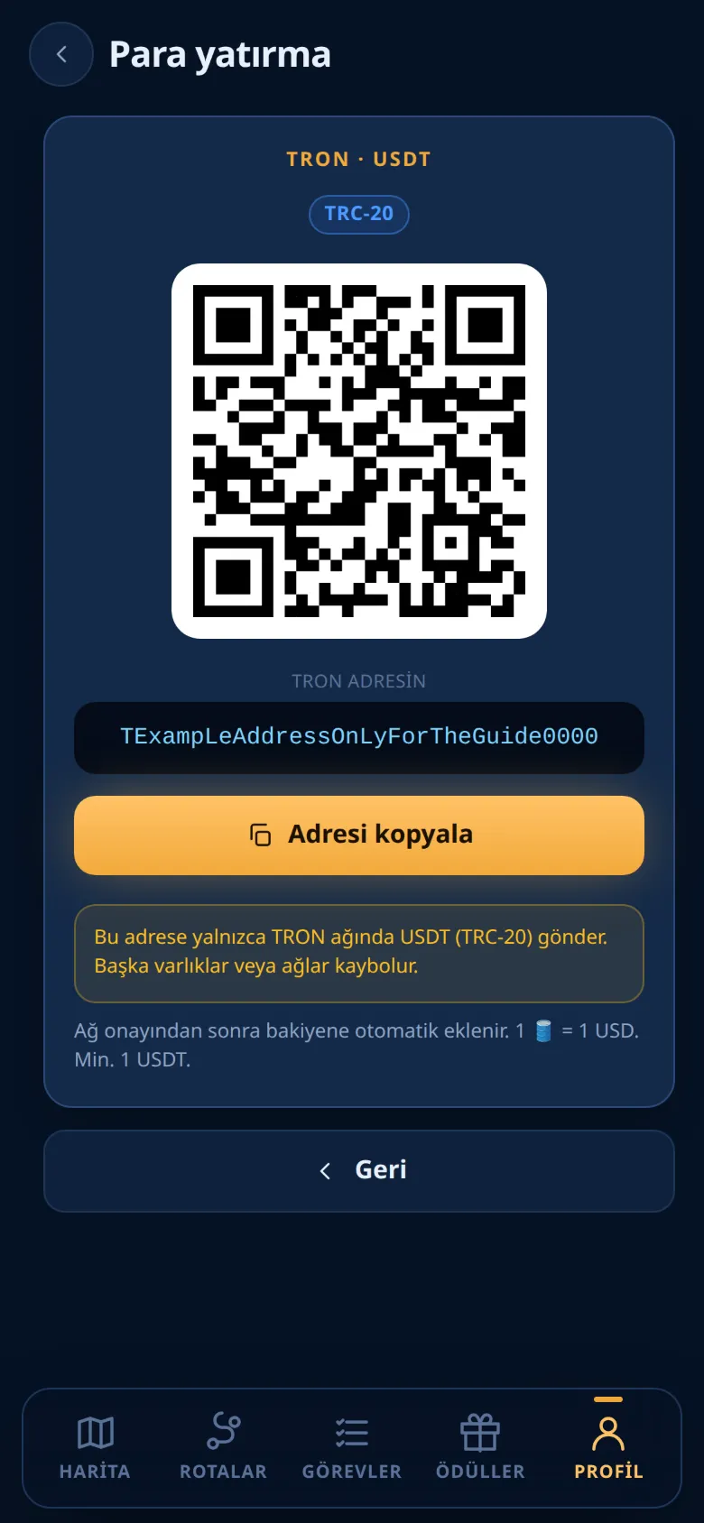 QR kodlu ve uyarılı adres kartı