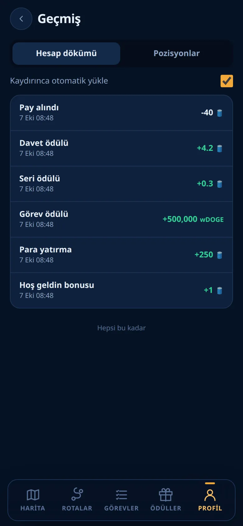 Profil → Geçmiş