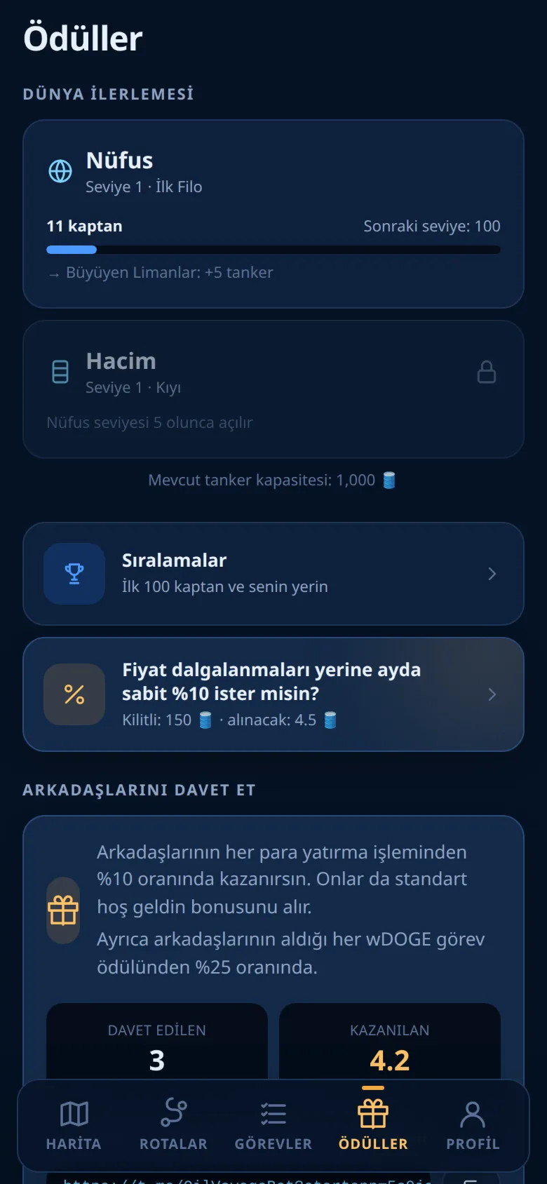 Dünya ilerlemesi ve davet bölümüyle Ödüller sekmesi