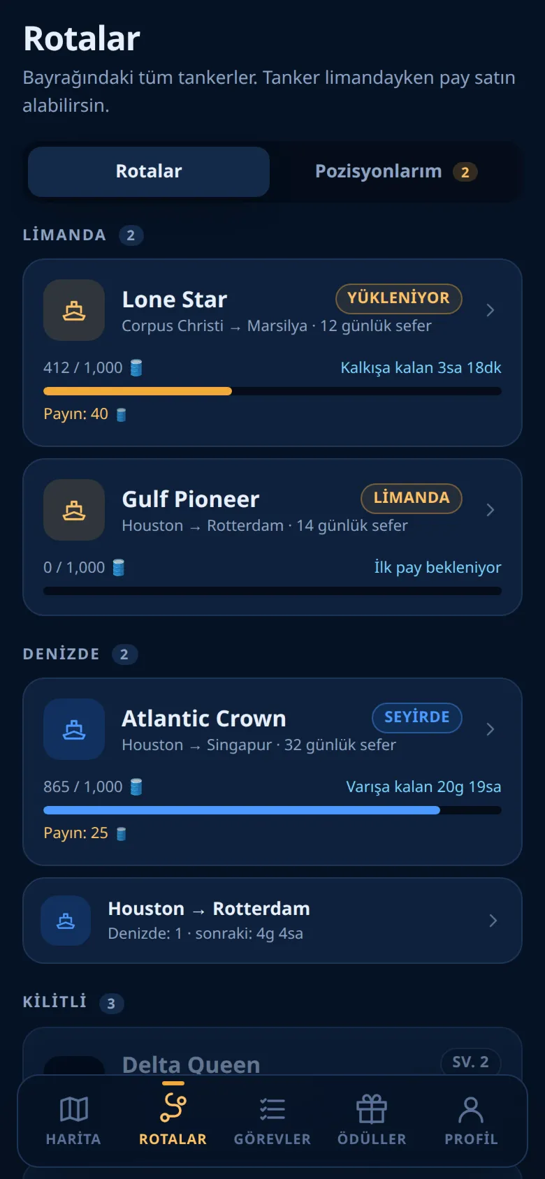 Limandaki ve denizdeki tankerlerle Rotalar sekmesi