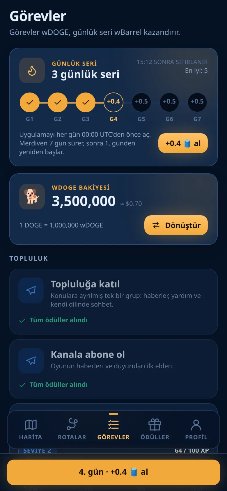Görevler sekmesinin en üstündeki günlük seri kartı
