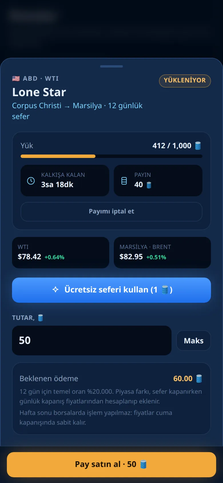 Satın alma formuyla bir tanker paneli