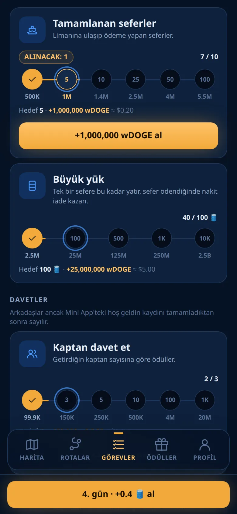 Seviyeleri ve alınacak bir ödülüyle Görevler sekmesi
